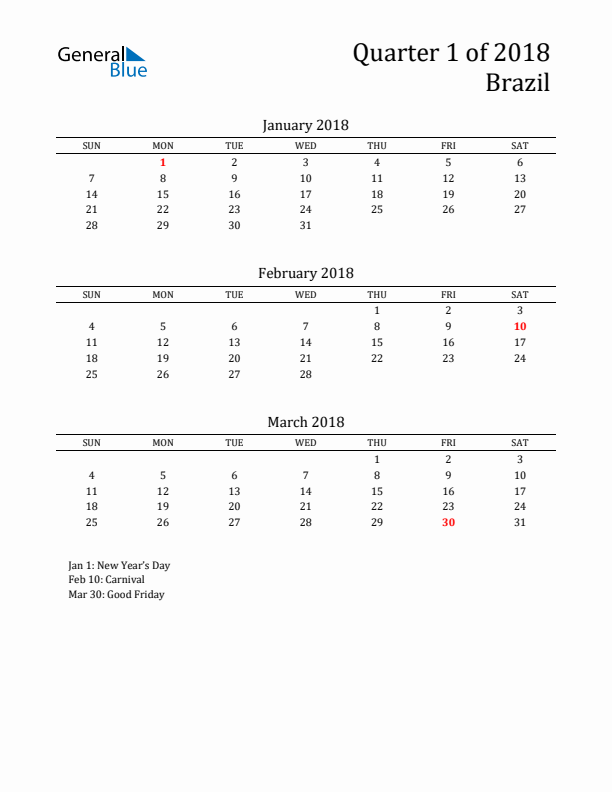 Quarter 1 2018 Brazil Quarterly Calendar