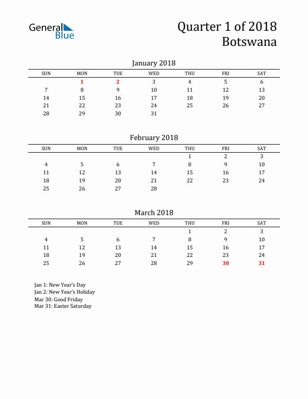 Quarter 1 2018 Botswana Quarterly Calendar