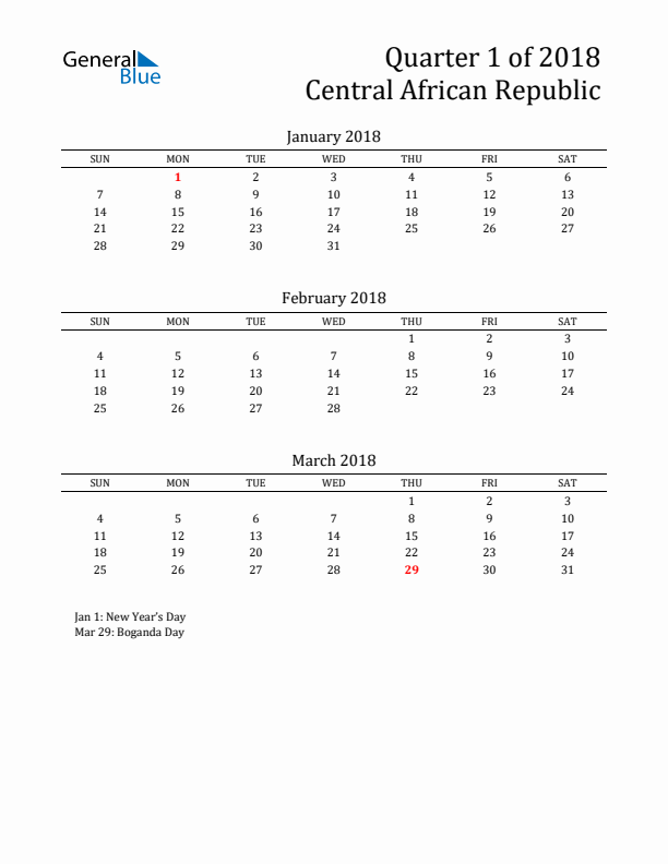 Quarter 1 2018 Central African Republic Quarterly Calendar