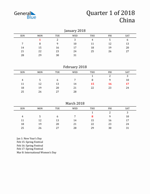 Quarter 1 2018 China Quarterly Calendar