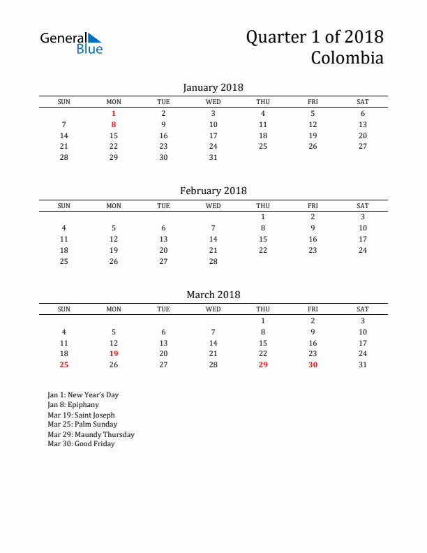 Quarter 1 2018 Colombia Quarterly Calendar