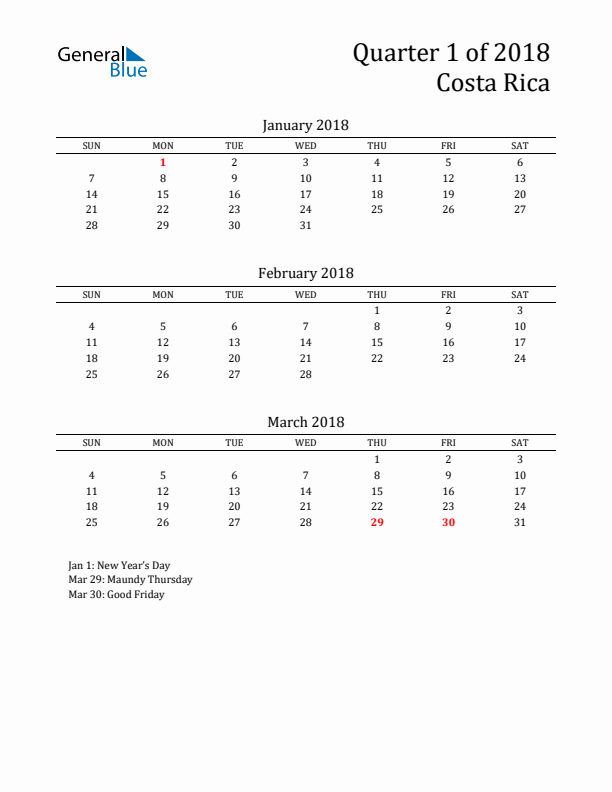 Quarter 1 2018 Costa Rica Quarterly Calendar