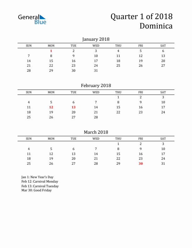 Quarter 1 2018 Dominica Quarterly Calendar