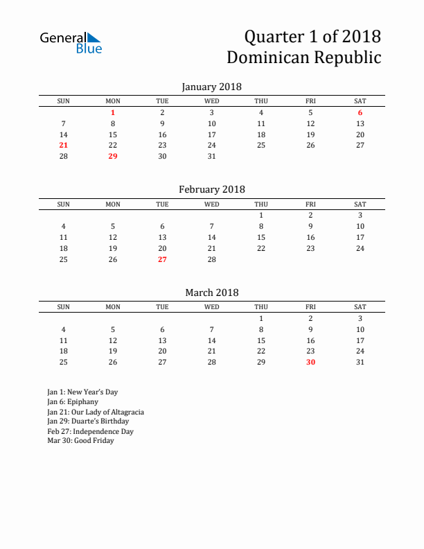 Quarter 1 2018 Dominican Republic Quarterly Calendar