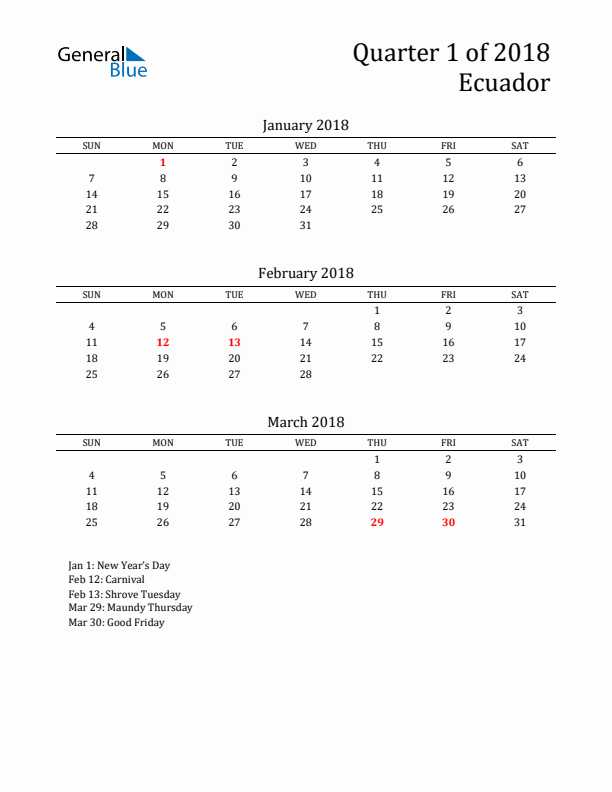 Quarter 1 2018 Ecuador Quarterly Calendar