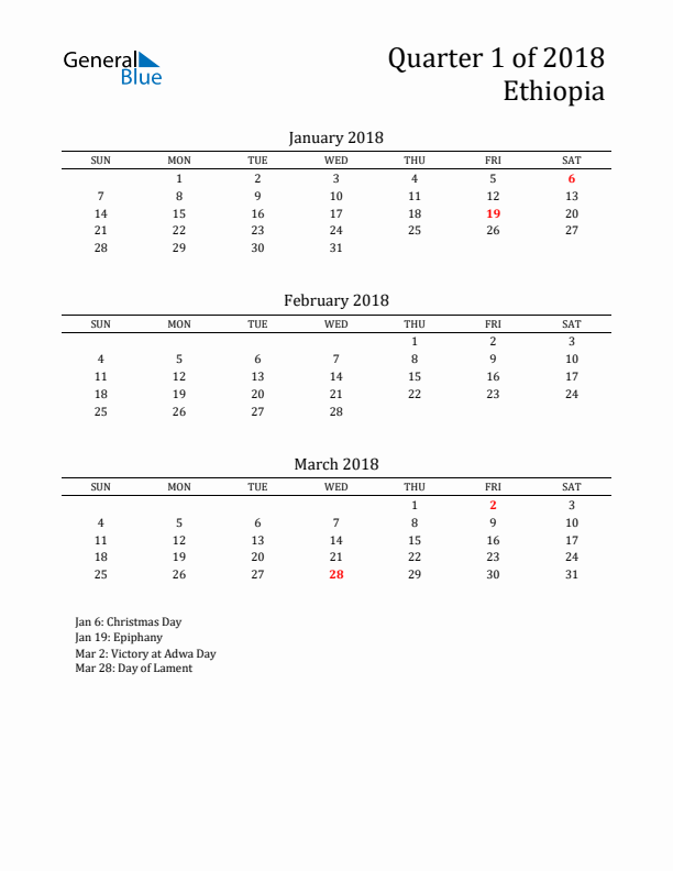 Quarter 1 2018 Ethiopia Quarterly Calendar