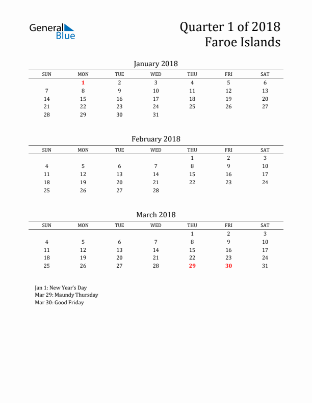 Quarter 1 2018 Faroe Islands Quarterly Calendar