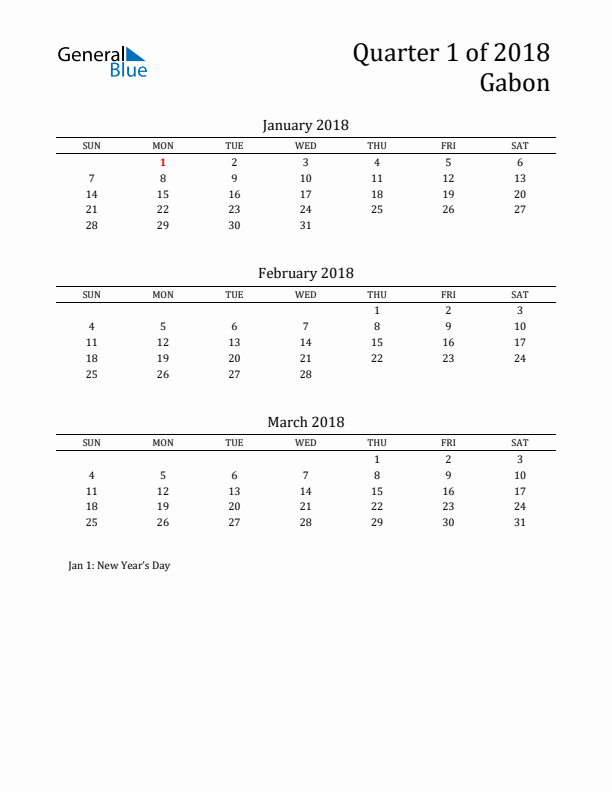 Quarter 1 2018 Gabon Quarterly Calendar