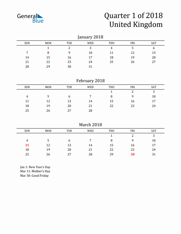 Quarter 1 2018 United Kingdom Quarterly Calendar