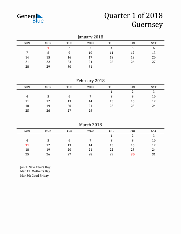 Quarter 1 2018 Guernsey Quarterly Calendar