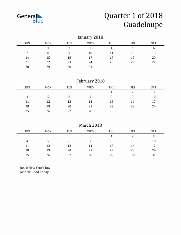 Quarter 1 2018 Guadeloupe Quarterly Calendar