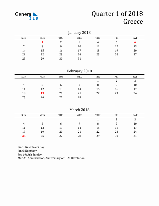 Quarter 1 2018 Greece Quarterly Calendar