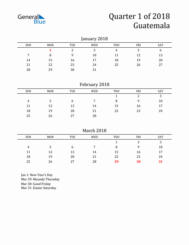 Quarter 1 2018 Guatemala Quarterly Calendar