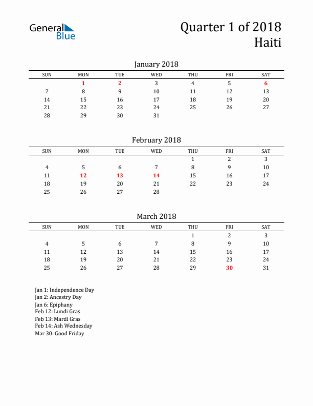 Quarter 1 2018 Haiti Quarterly Calendar