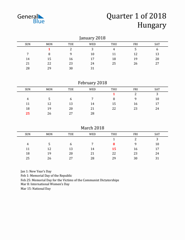 Quarter 1 2018 Hungary Quarterly Calendar