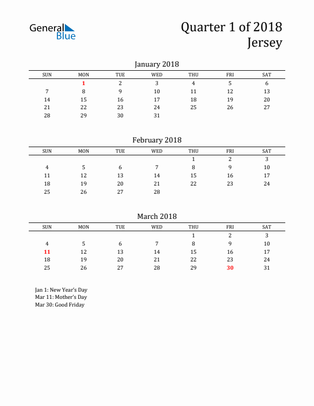 Quarter 1 2018 Jersey Quarterly Calendar