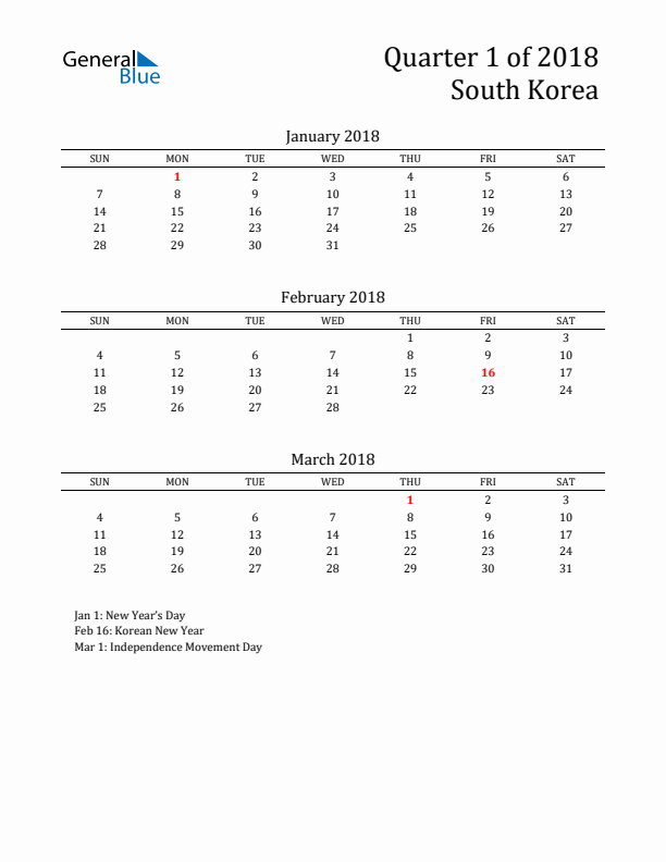 Quarter 1 2018 South Korea Quarterly Calendar