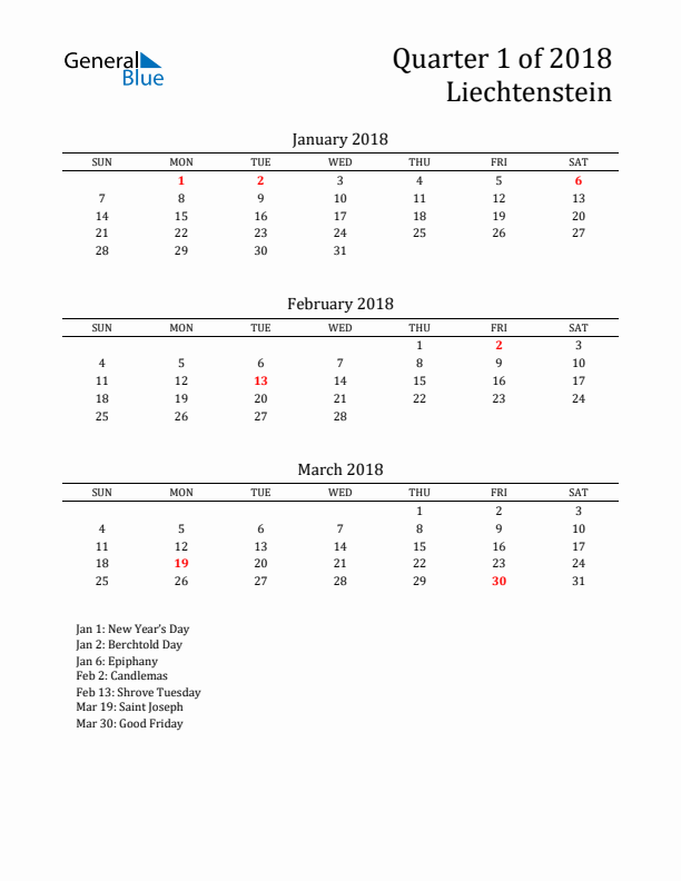 Quarter 1 2018 Liechtenstein Quarterly Calendar