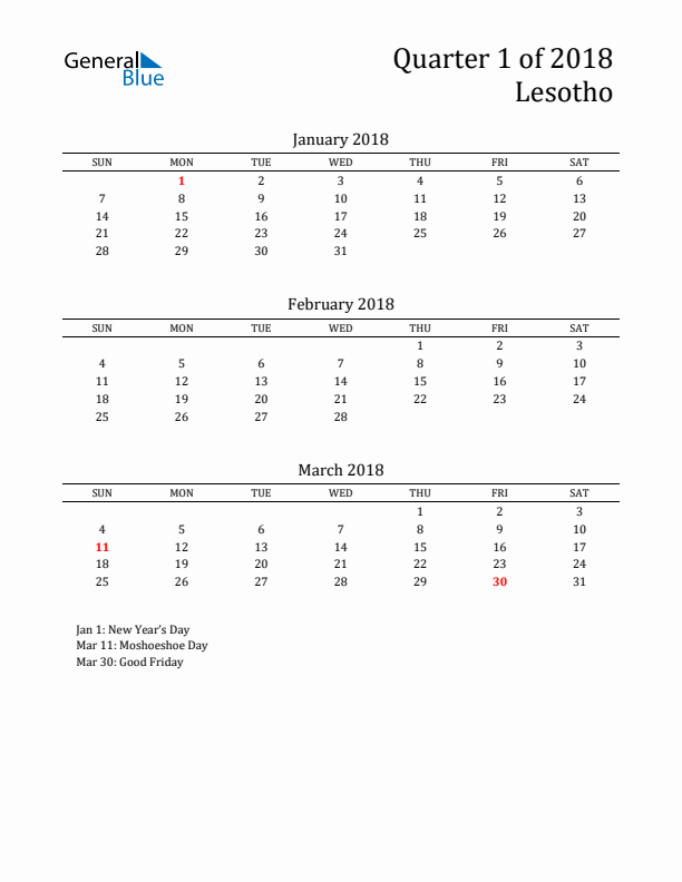 Quarter 1 2018 Lesotho Quarterly Calendar