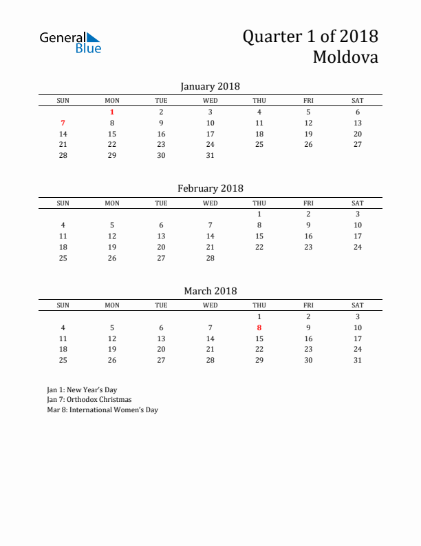 Quarter 1 2018 Moldova Quarterly Calendar