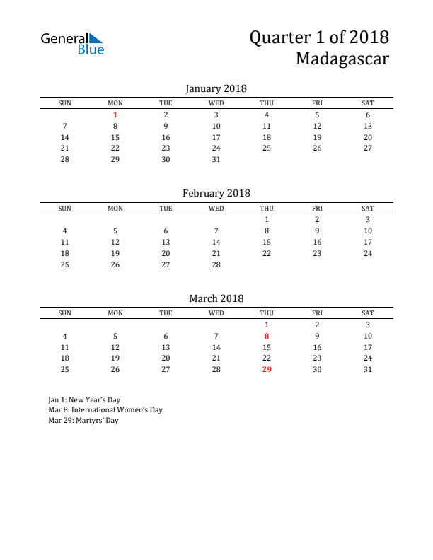 Quarter 1 2018 Madagascar Quarterly Calendar