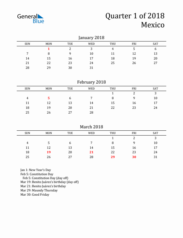 Quarter 1 2018 Mexico Quarterly Calendar