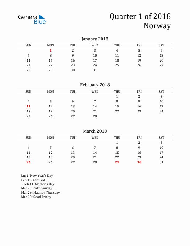 Quarter 1 2018 Norway Quarterly Calendar