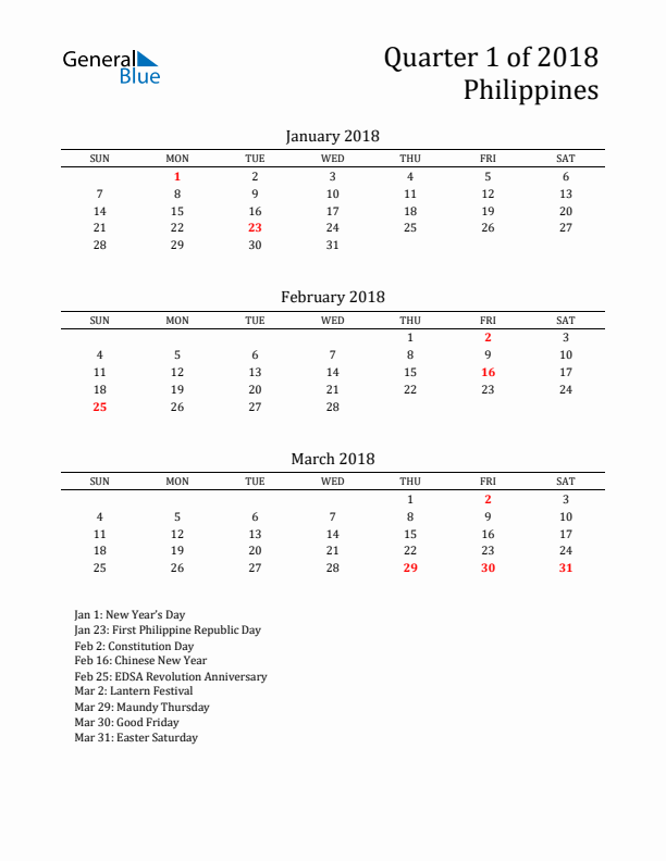 Quarter 1 2018 Philippines Quarterly Calendar