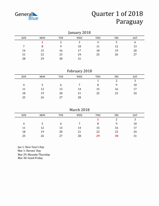 Quarter 1 2018 Paraguay Quarterly Calendar