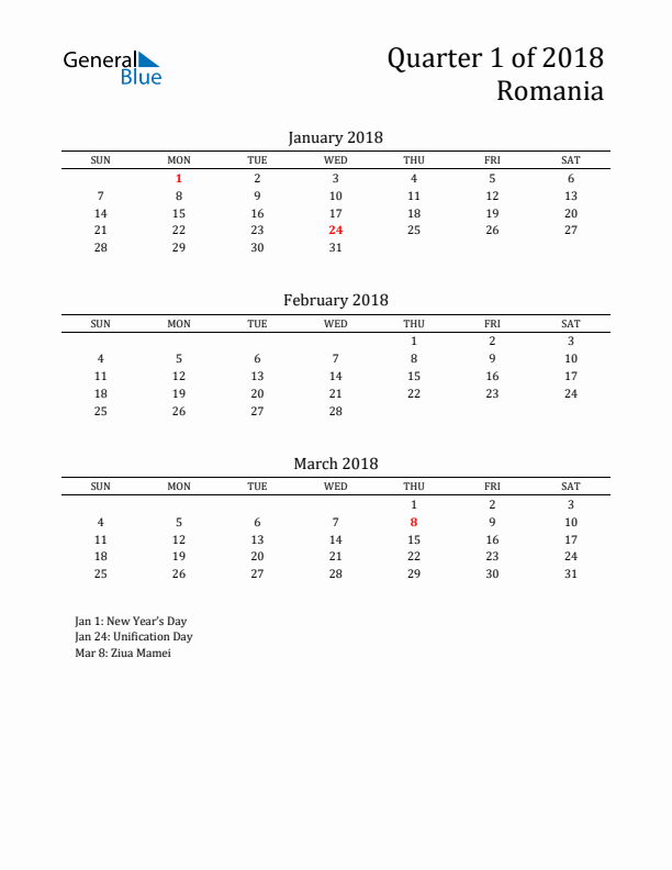 Quarter 1 2018 Romania Quarterly Calendar