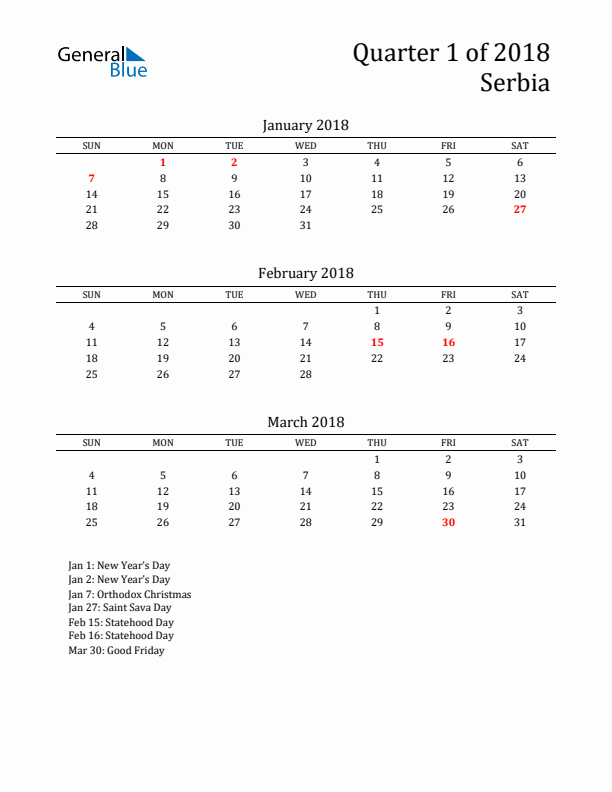 Quarter 1 2018 Serbia Quarterly Calendar