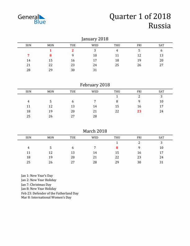 Quarter 1 2018 Russia Quarterly Calendar