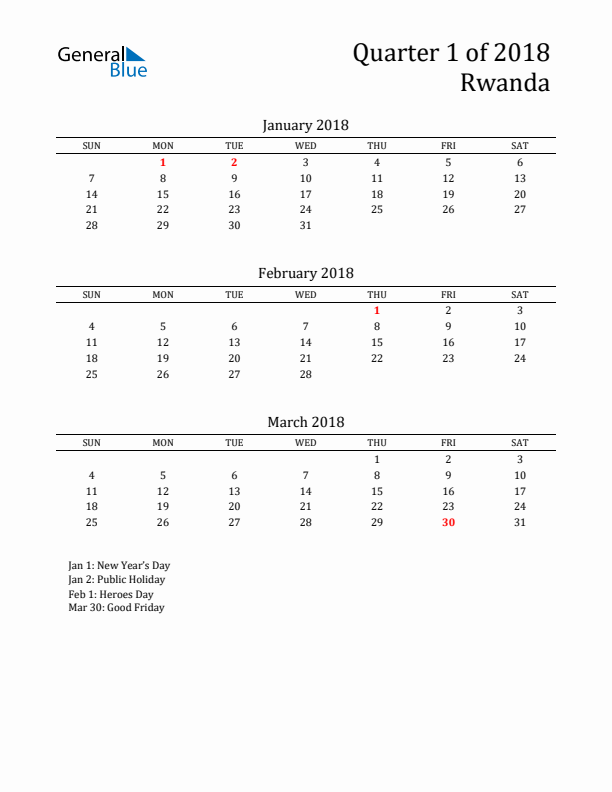 Quarter 1 2018 Rwanda Quarterly Calendar