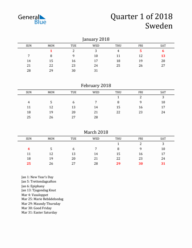 Quarter 1 2018 Sweden Quarterly Calendar