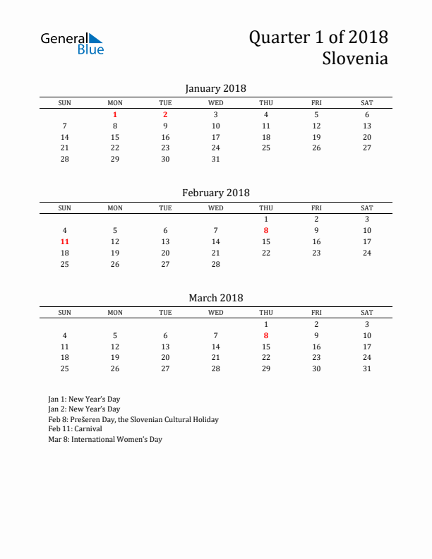 Quarter 1 2018 Slovenia Quarterly Calendar