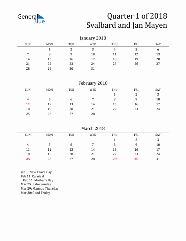 Quarter 1 2018 Svalbard and Jan Mayen Quarterly Calendar