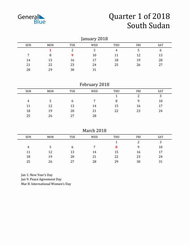 Quarter 1 2018 South Sudan Quarterly Calendar