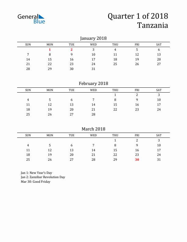 Quarter 1 2018 Tanzania Quarterly Calendar