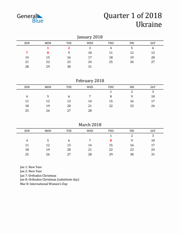 Quarter 1 2018 Ukraine Quarterly Calendar