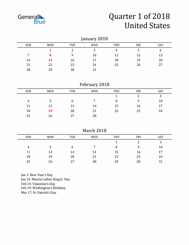 Quarter 1 2018 United States Quarterly Calendar