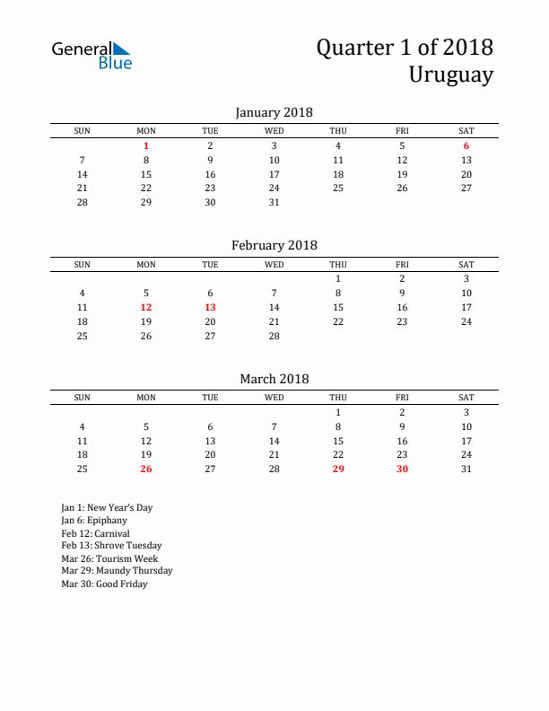 Quarter 1 2018 Uruguay Quarterly Calendar