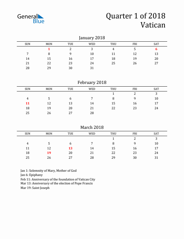 Quarter 1 2018 Vatican Quarterly Calendar