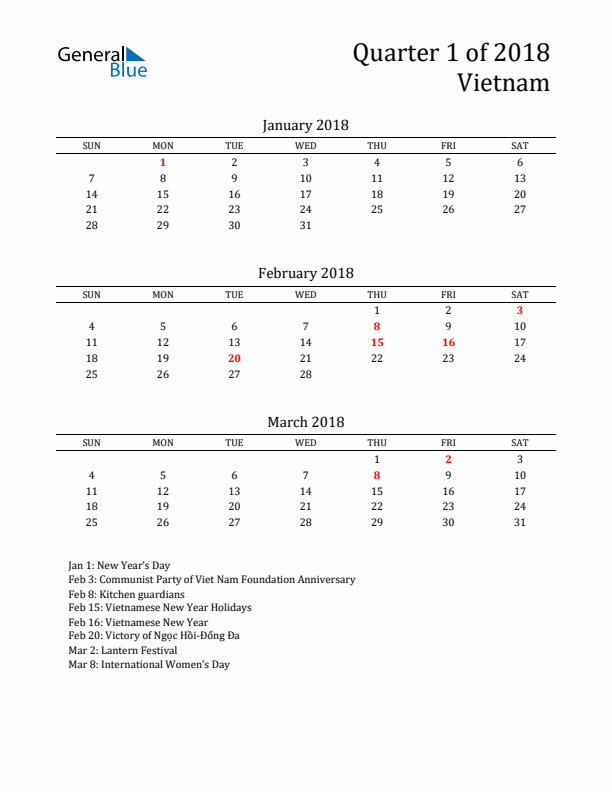 Quarter 1 2018 Vietnam Quarterly Calendar