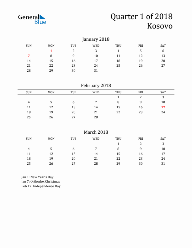 Quarter 1 2018 Kosovo Quarterly Calendar