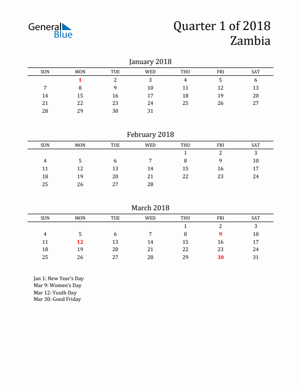 Quarter 1 2018 Zambia Quarterly Calendar