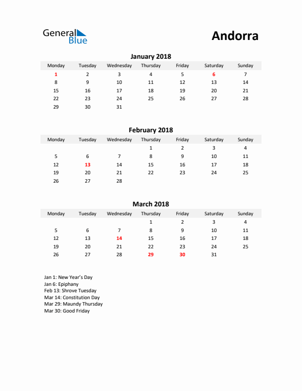 Printable Quarterly Calendar with Notes and Andorra Holidays- Q1 of 2018