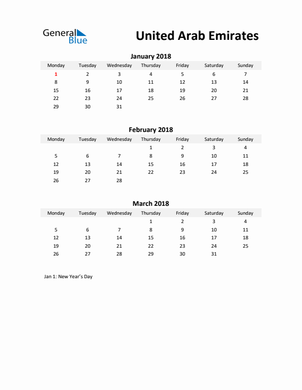 Printable Quarterly Calendar with Notes and United Arab Emirates Holidays- Q1 of 2018