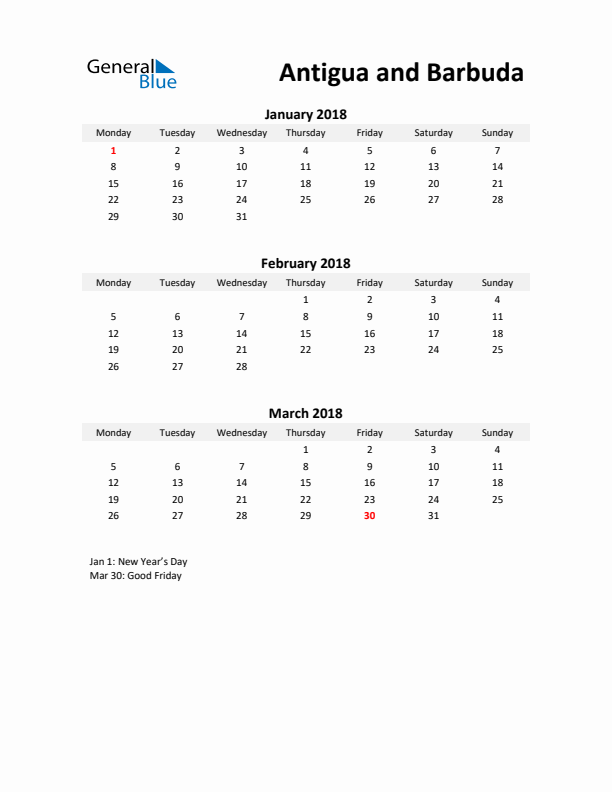 Printable Quarterly Calendar with Notes and Antigua and Barbuda Holidays- Q1 of 2018