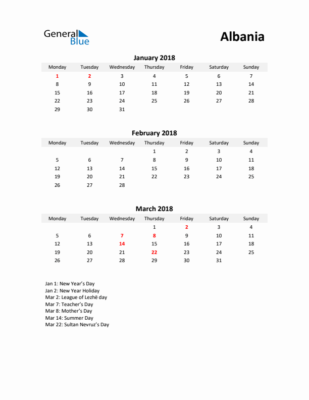 Printable Quarterly Calendar with Notes and Albania Holidays- Q1 of 2018