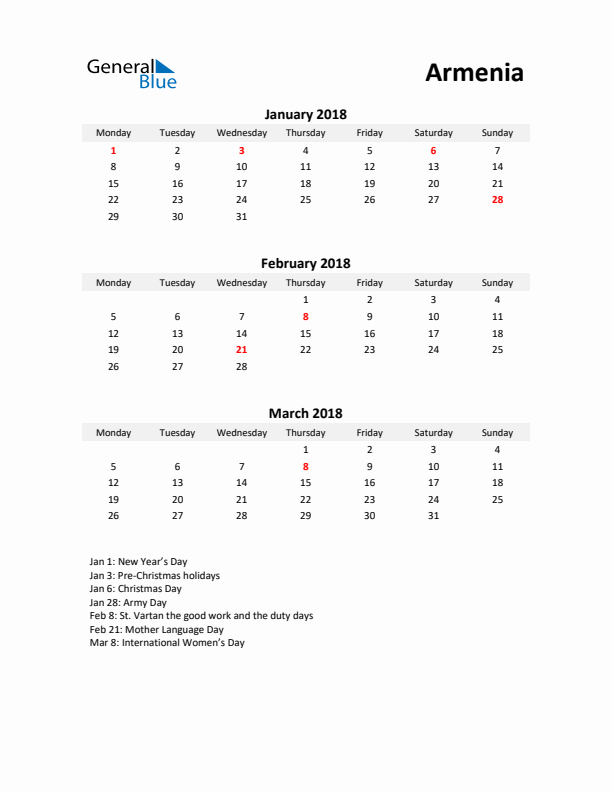 Printable Quarterly Calendar with Notes and Armenia Holidays- Q1 of 2018